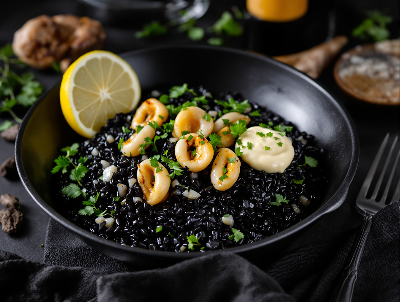Arroz Negro con Chipirones y Alioli