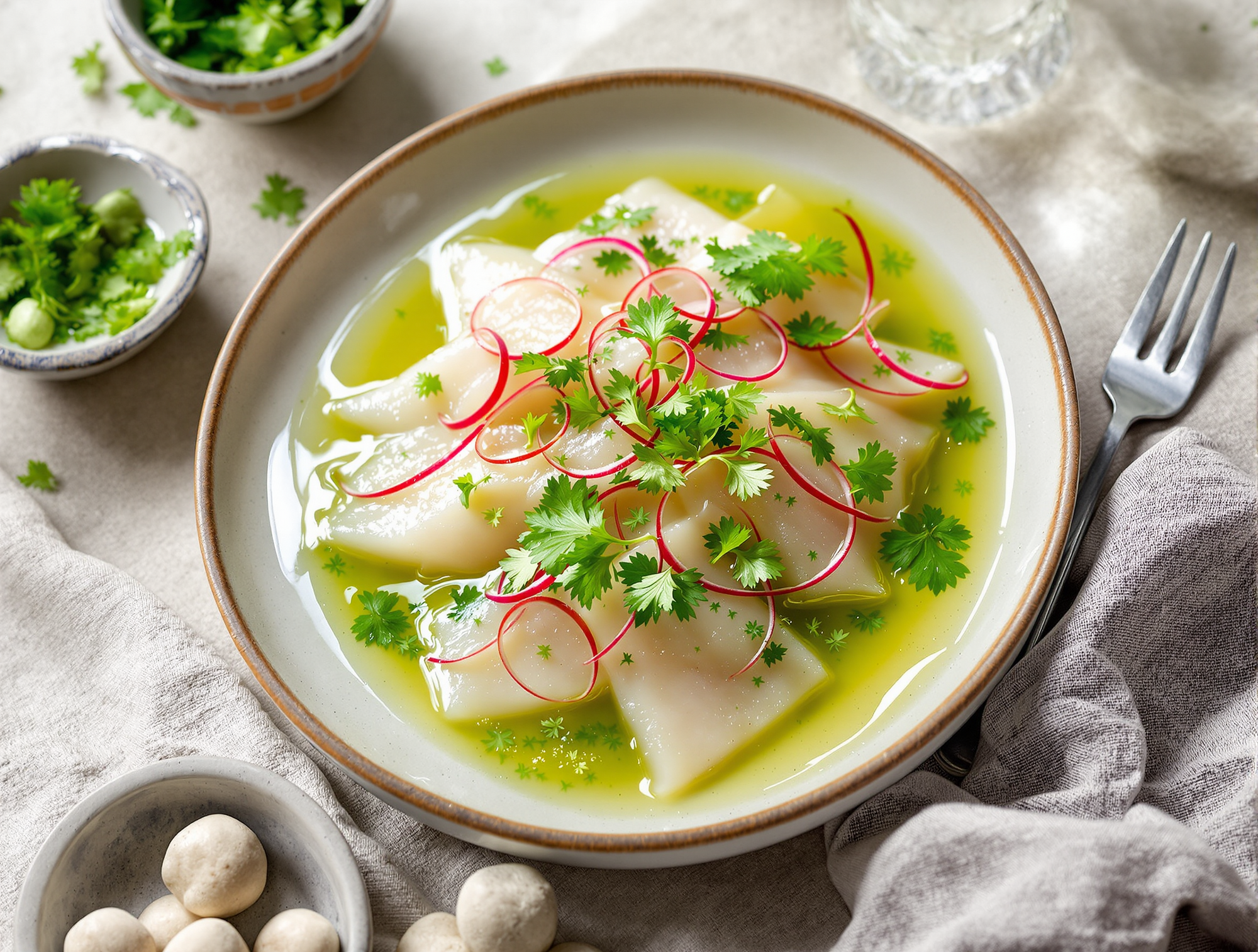 Tiradito de Kampachi en Leche de Tigre Verde